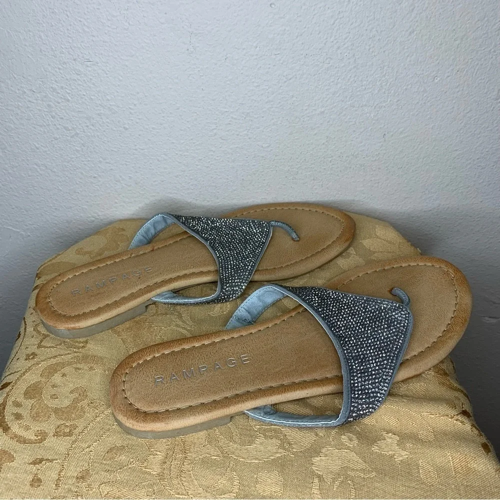 Size 6.5 Rampage Silver Studded Sandals Flats Tan Bottom Synthetic Beachy